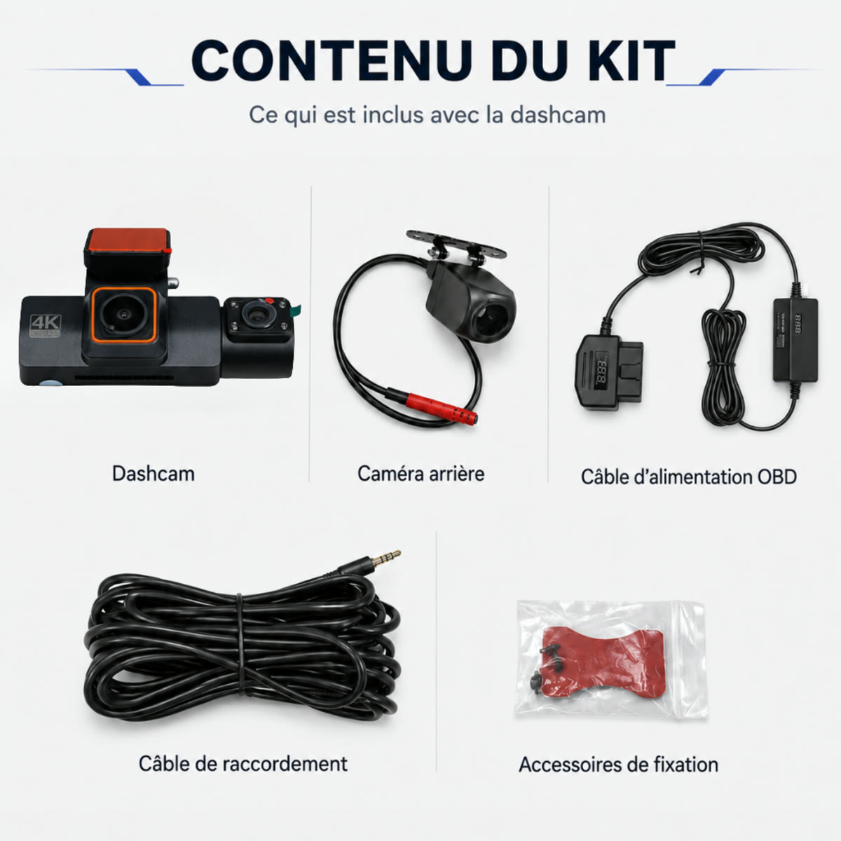 Contenu du kit dashcam 3 caméras 4K avec caméra avant, caméra arrière, câble OBD et accessoires